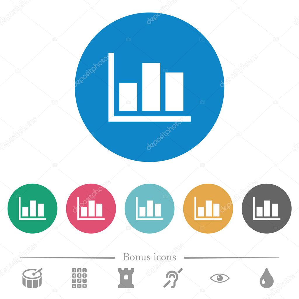 Statistics flat white icons on round color backgrounds. 6 bonus icons included.