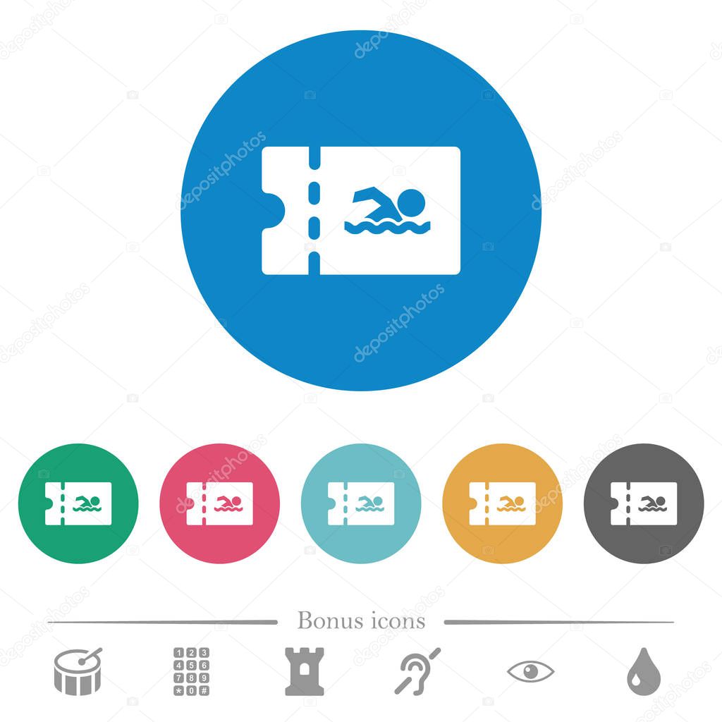 Swimming pool discount coupon flat white icons on round color backgrounds. 6 bonus icons included.