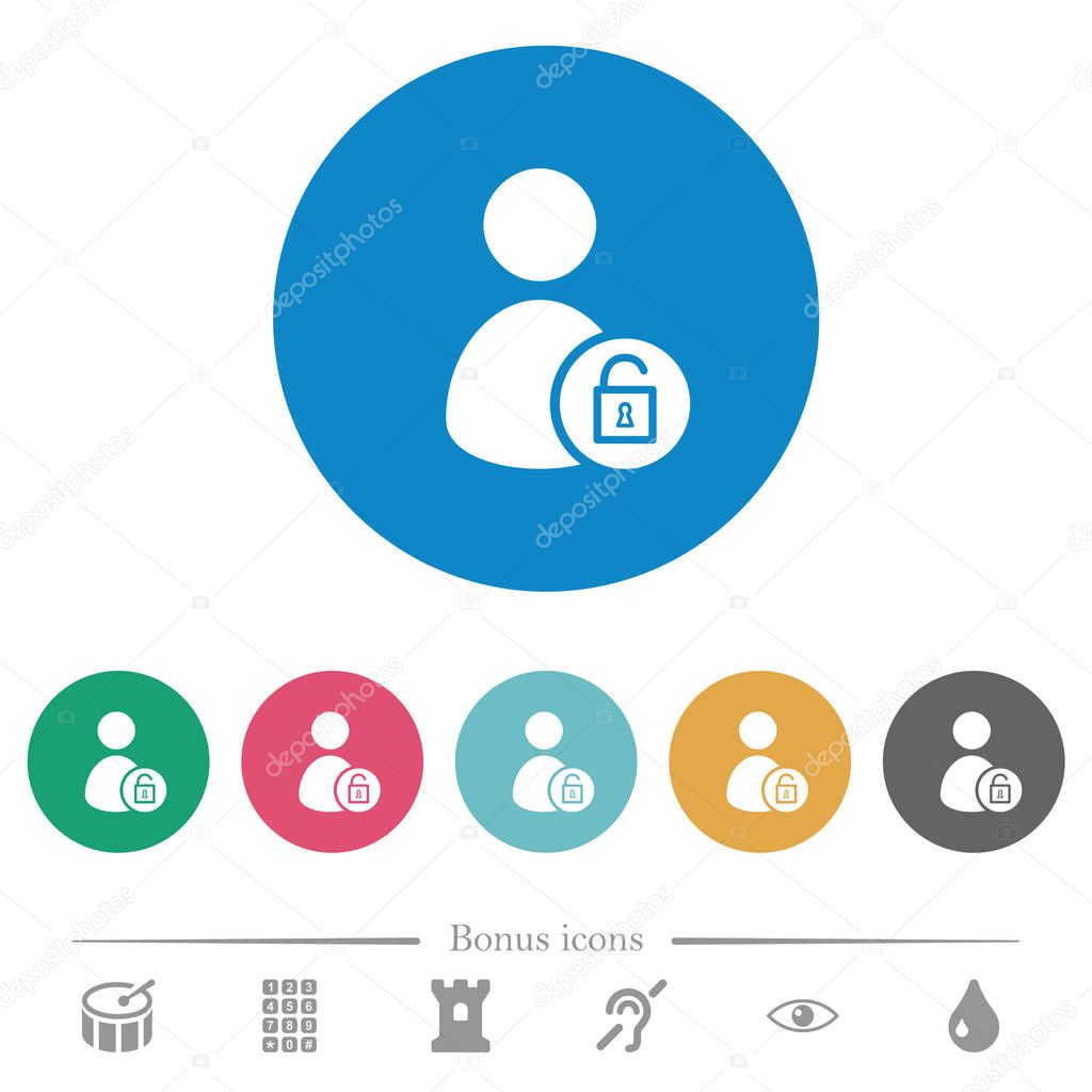 Unlock user account flat white icons on round color backgrounds. 6 bonus icons included.