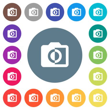 Tek renkli yuvarlak renkli arka planlar üzerinde düz beyaz simgeler fotoğrafları. 17 arka plan renk değişimleri dahil.