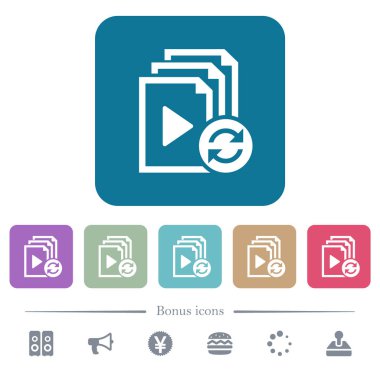 Çalma listesi beyaz düz simgeler yuvarlak renkli kare arka planlar üzerinde yeniden başlatın. 6 bonus simgeler dahil