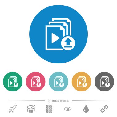 Çalma listesi öğesi düz beyaz simgeleri yuvarlak renkli arka planlar üzerinde hareket ettirin. 6 bonus simgeler dahil.