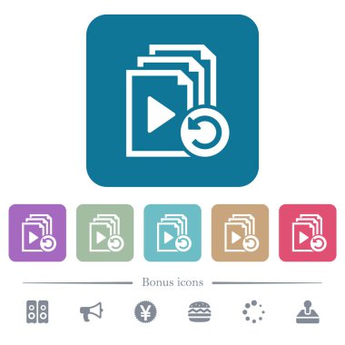 Son çalma işlemi beyaz düz simgeler yuvarlak renkli kare arka planlar üzerinde geri. 6 bonus simgeler dahil