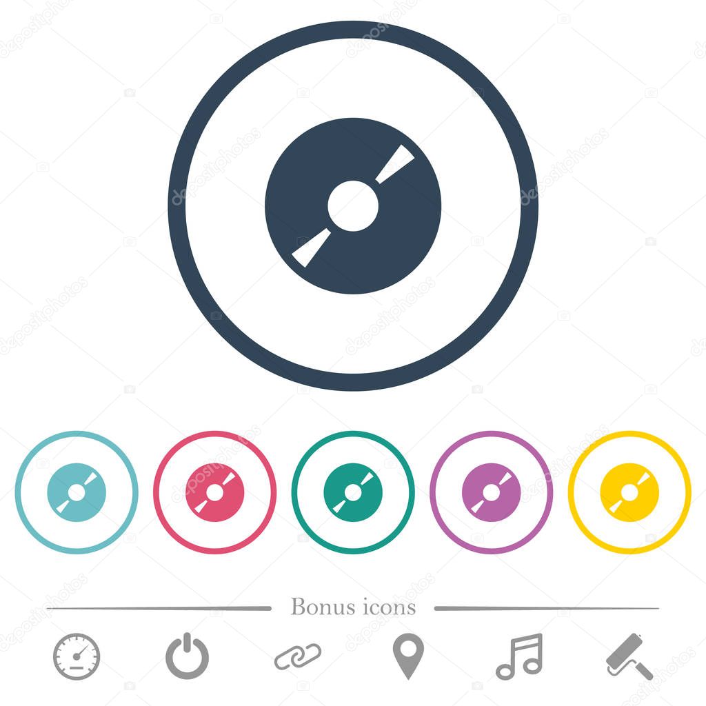 DVD disk flat color icons in round outlines. 6 bonus icons included.