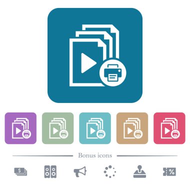 Çalma listesi beyaz düz simgeler üzerinde yuvarlak renkli kare arka planlarını yazdırmak. 6 bonus simgeler dahil