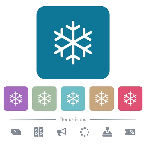 Einzelne Weiße Flache Schneeflocken Symbole Auf Farbig Abgerundeten Quadratischen Hintergründen — Stockvektor