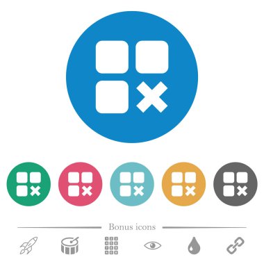 Bileşen iptal düz beyaz simgeleri yuvarlak renkli arka planlar. 6 bonus simgeler dahil.