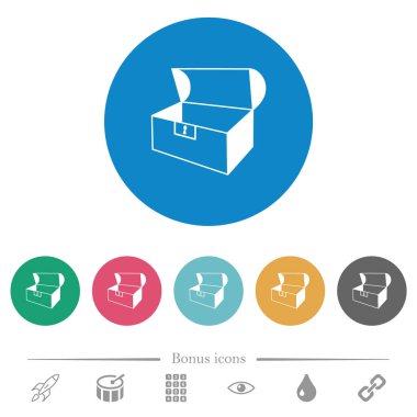 Açık sandık düz beyaz simgeler yuvarlak renkli arka planlar üzerinde boş. 6 bonus simgeler dahil.