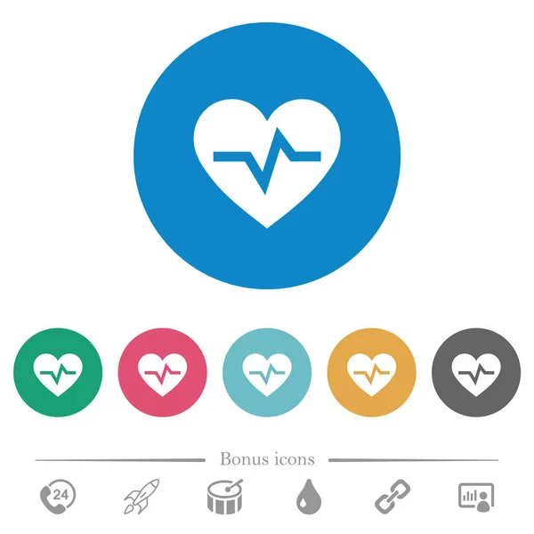 Icônes Blanches Plates Heartbeat Sur Des Fonds Couleur Ronds Icônes — Image vectorielle