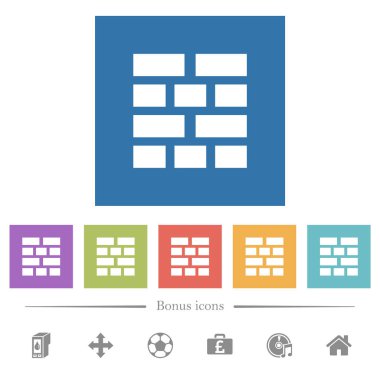 Tuğla duvar düz beyaz kare arka planlar simgeler. 6 bonus simgeler dahil.