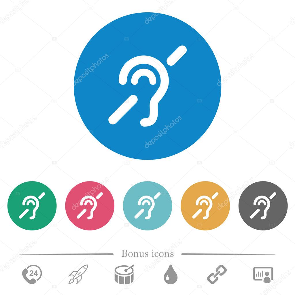 Hearing impaired flat white icons on round color backgrounds. 6 bonus icons included.