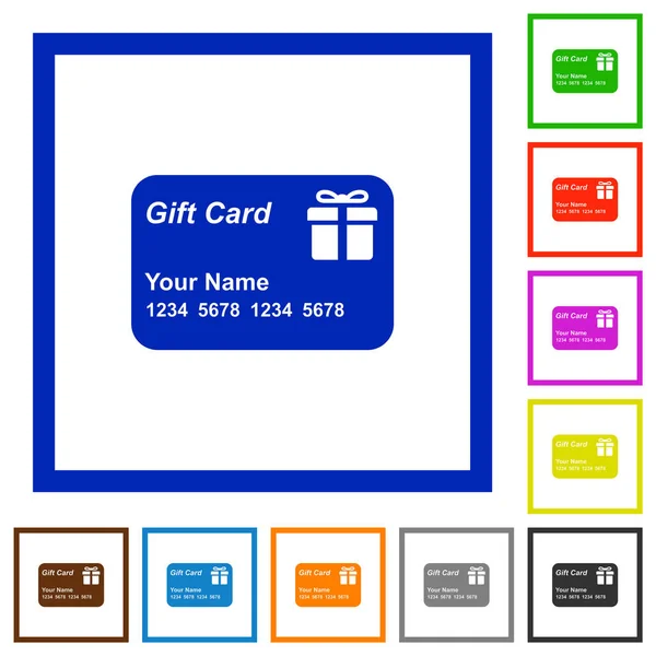 Geschenkkarte Mit Namen Und Zahlen Flache Farbsymbole Quadratischen Rahmen Auf — Stockvektor