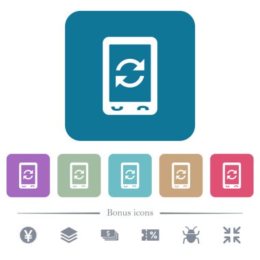 Mobil syncronize beyaz düz simgeler renk üzerinde kare arka planlar yuvarlanır. 6 bonus simgeler dahil