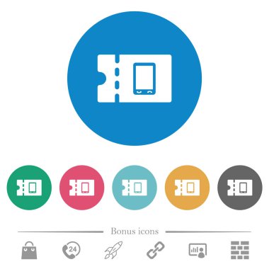 Cep telefonu indirim kupon düz beyaz simgeler yuvarlak renkli arka planlar üzerinde. 6 bonus simgeler dahil.