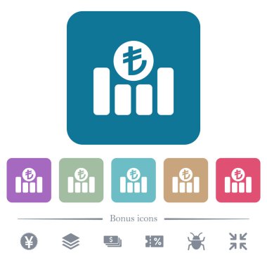 Türk Lirası mali grafik beyaz düz simgeler renk üzerinde kare arka planlar yuvarlanır. 6 bonus simgeler dahil