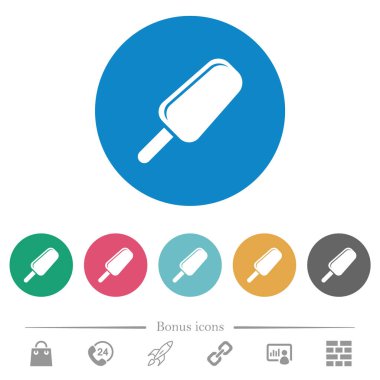 Yuvarlak Buz lolly düz beyaz simgeler üzerinde renkli arka planlar. 6 bonus simgeler dahil.