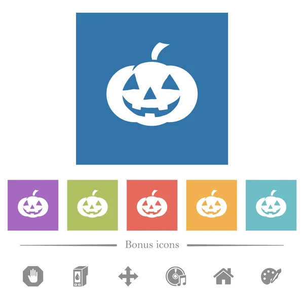 Calabaza Halloween Iconos Blancos Planos Fondos Cuadrados Iconos Bonificación Incluidos — Vector de stock