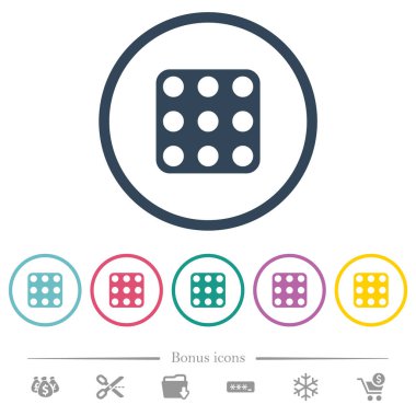 Domino dokuz düz renkli simgeler yuvarlak özetliyor. 6 bonus simgeler dahil.