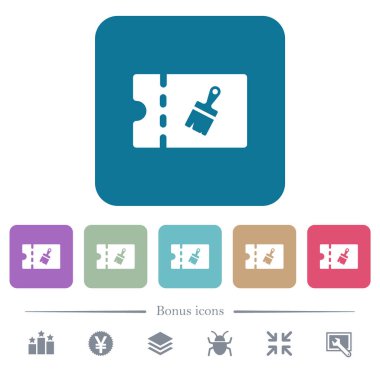 Dükkanı indirim kupon beyaz düz simgeler yuvarlak renkli kare arka planlar üzerinde boya. 6 bonus simgeler dahil