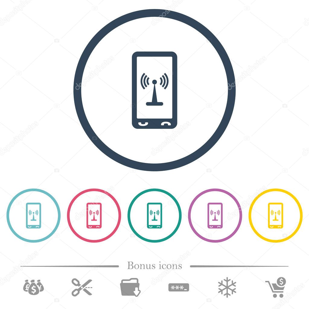 Mobile hotspot flat color icons in round outlines. 6 bonus icons included.