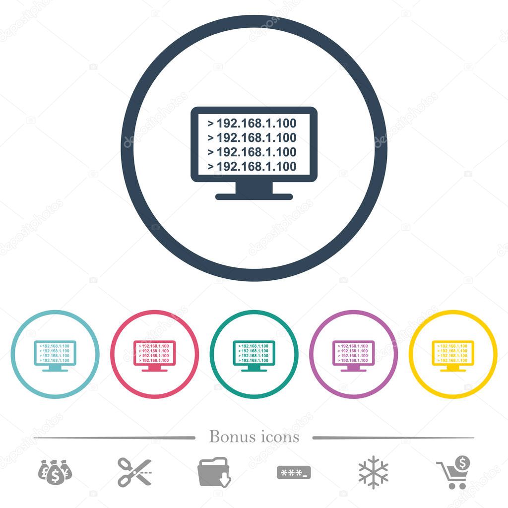 Ping remote computer flat color icons in round outlines. 6 bonus icons included.