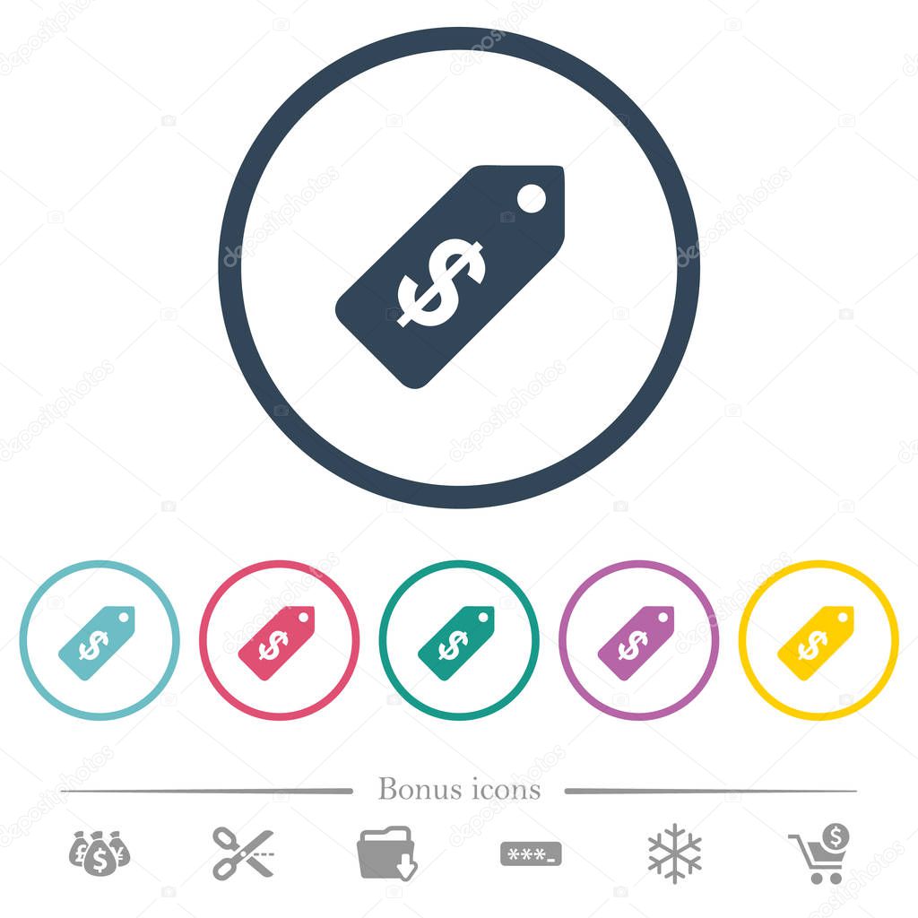 Dollar price label flat color icons in round outlines. 6 bonus icons included.
