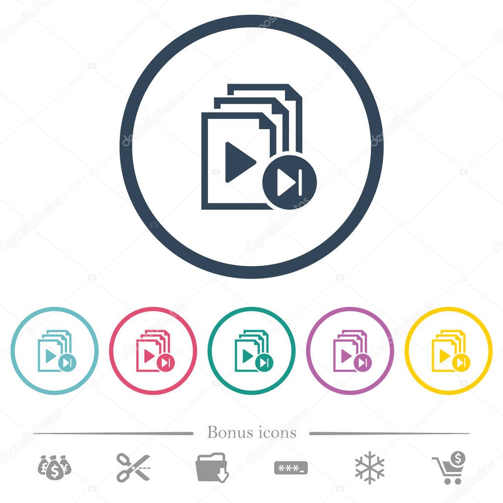 Jump to next playlist item flat color icons in round outlines. 6 bonus icons included.