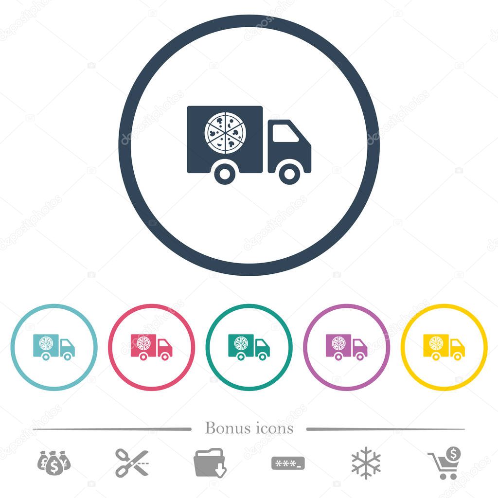 Pizza delivery truck flat color icons in round outlines. 6 bonus icons included.