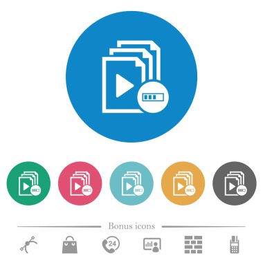 Çalma listesi düz beyaz simgeler yuvarlak renkli arka planlar üzerinde işleme. 6 bonus simgeler dahil.