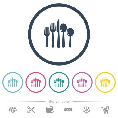 Çatal bıçak takımları düz renkli simgeler yuvarlak özetliyor. 6 bonus simgeler dahil.