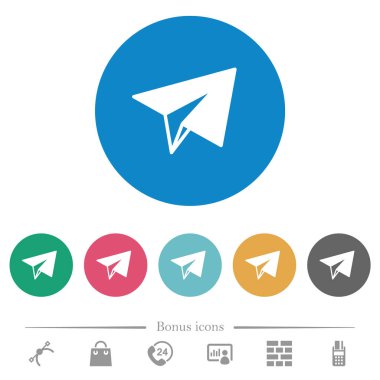 Kağıt Uçak düz beyaz simgeleri yuvarlak renkli arka planlar. 6 bonus simgeler dahil.