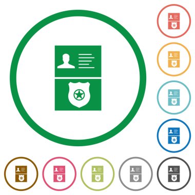 Beyaz arka plan üzerinde yuvarlak özetliyor polis kimliği ve rozet düz renk simgeleri