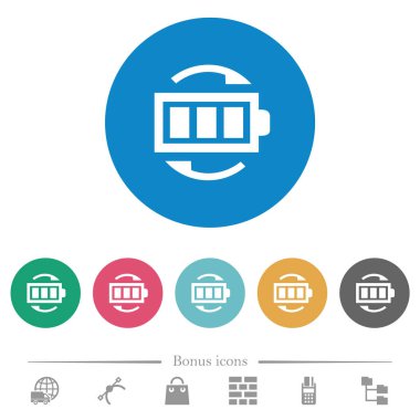 Şarj edilebilir pil düz beyaz simgeleri yuvarlak renkli arka planlar. 6 bonus simgeler dahil.