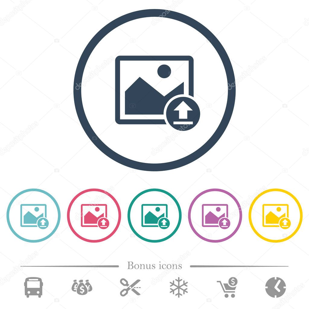 Upload image flat color icons in round outlines. 6 bonus icons included.