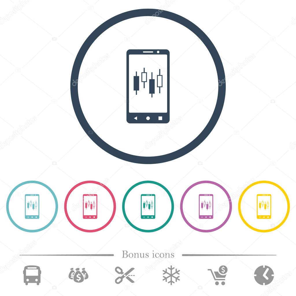 Mobile broker flat color icons in round outlines. 6 bonus icons included.