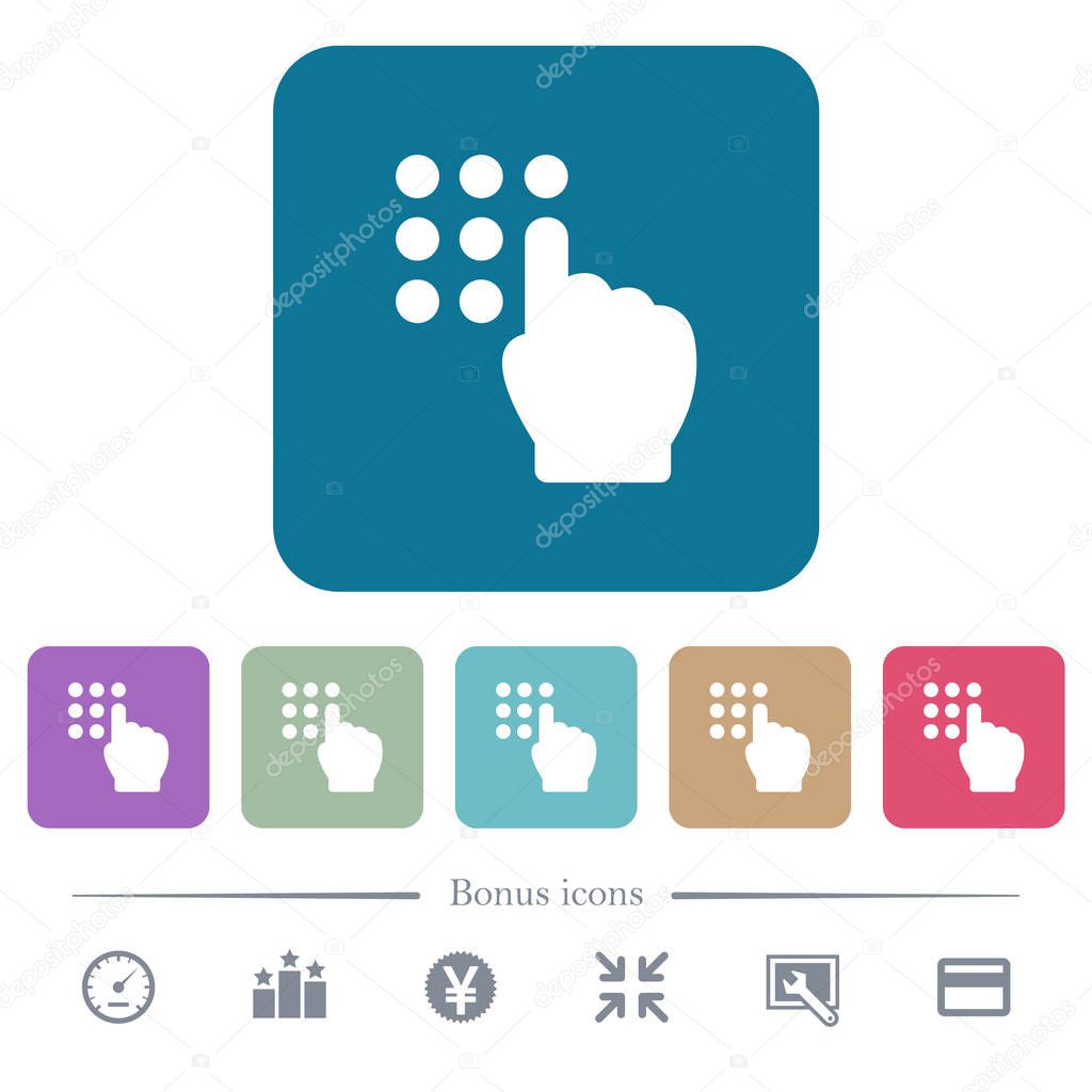 Typing security code white flat icons on color rounded square backgrounds. 6 bonus icons included