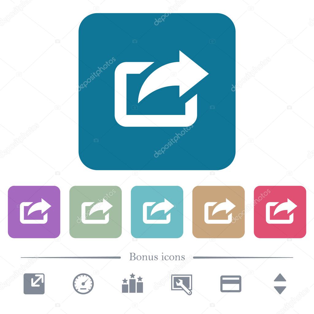 Export with upper right arrow flat icons on color rounded square backgrounds