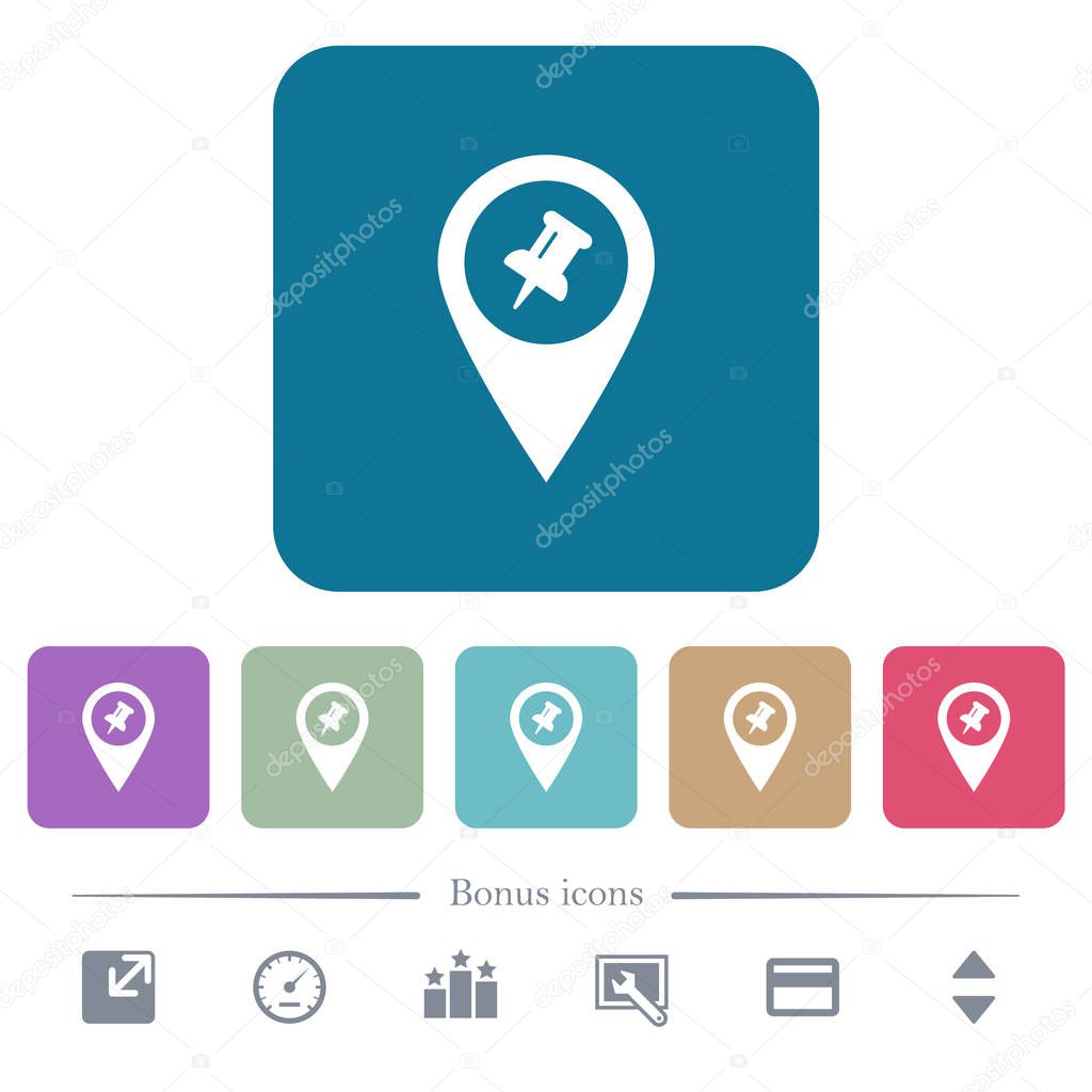 Pin GPS map location flat icons on color rounded square backgrounds