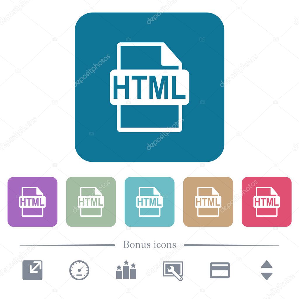 HTML file format flat icons on color rounded square backgrounds