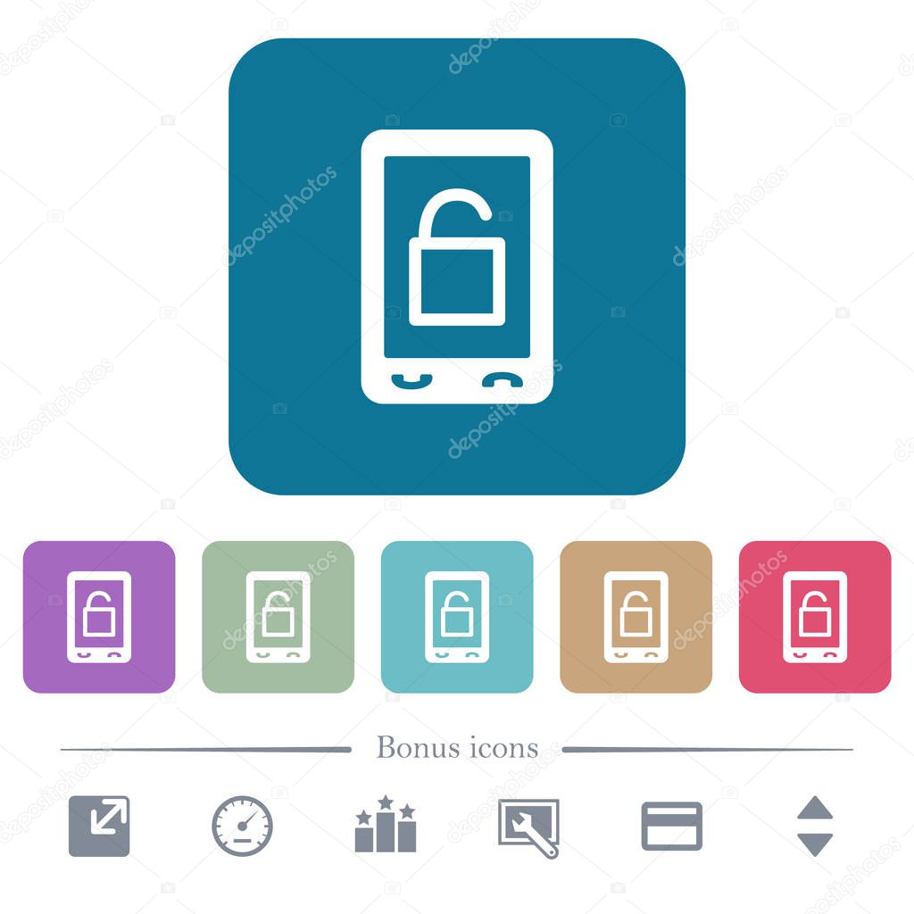 Smartphone unlock flat icons on color rounded square backgrounds