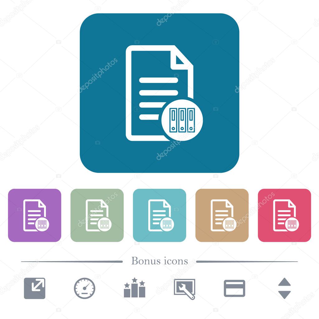 Archive document flat icons on color rounded square backgrounds