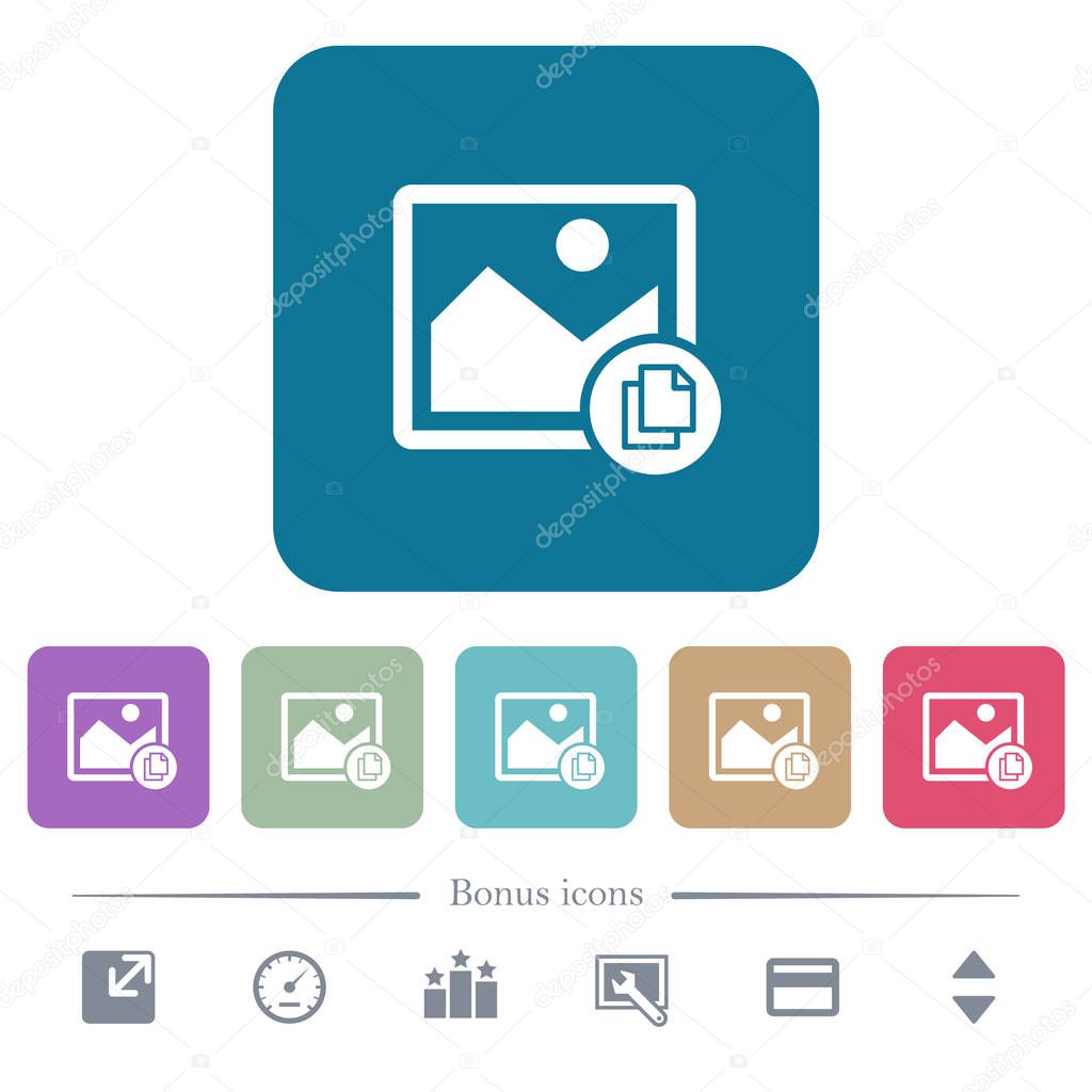 Copy image flat icons on color rounded square backgrounds