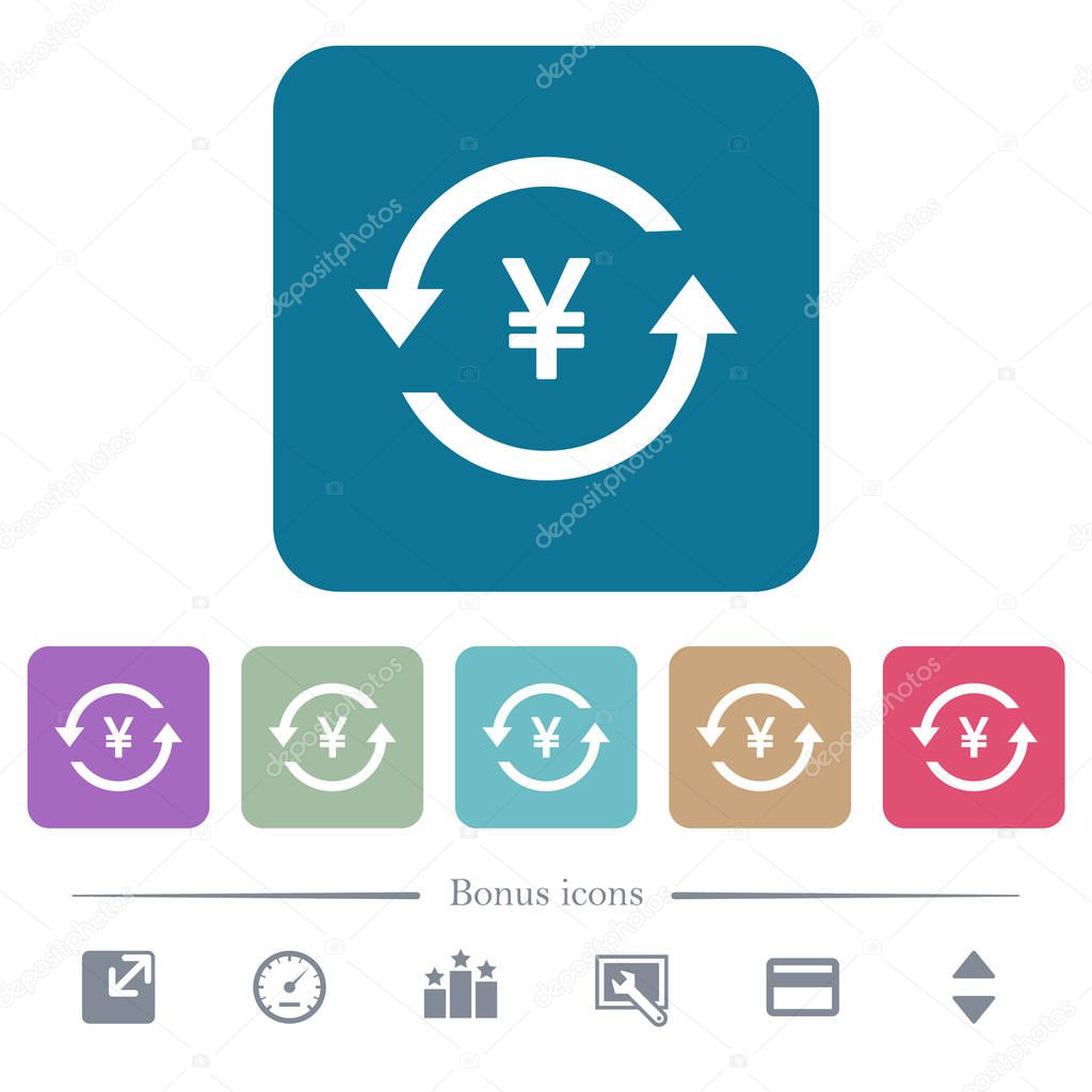 Yen pay back flat icons on color rounded square backgrounds