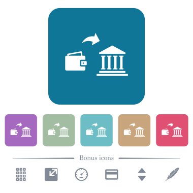 Renk düz simgeler bankaya para yatırmak yuvarlak kare arka planlar