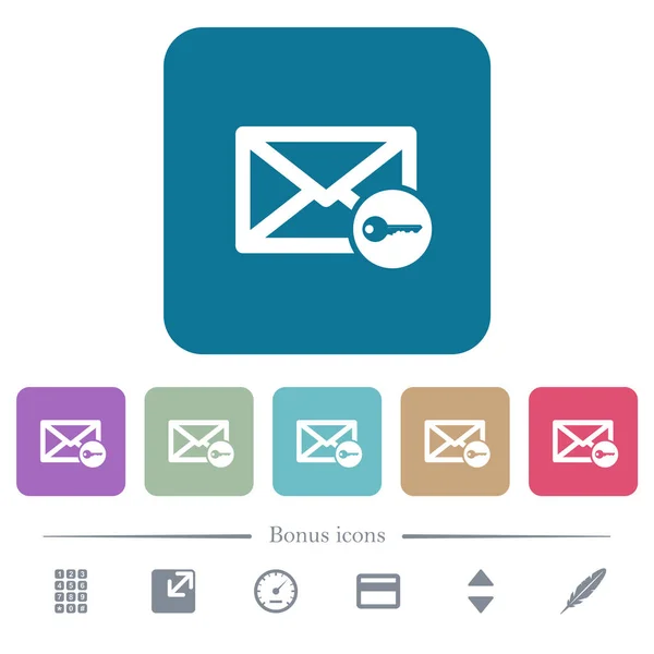 Iconos planos de correo seguro en fondos cuadrados redondeados de color — Vector de stock