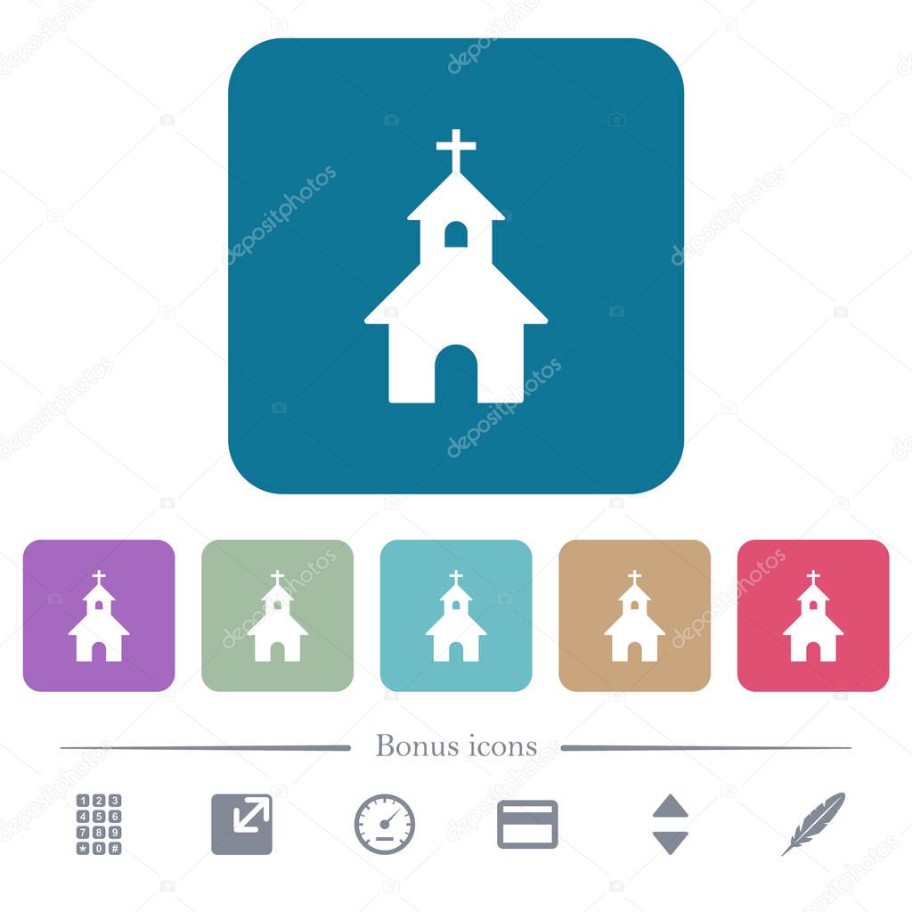 Curch flat icons on color rounded square backgrounds