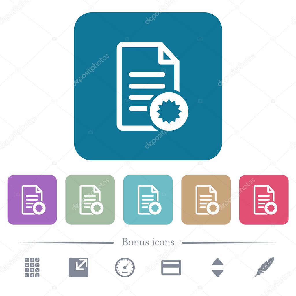 Document certificate flat icons on color rounded square backgrounds