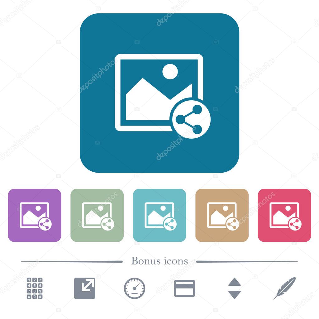 Share image flat icons on color rounded square backgrounds
