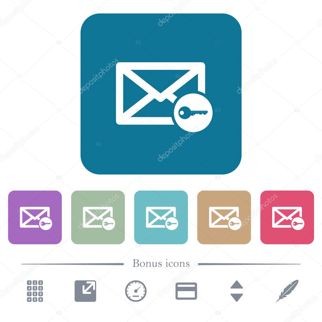 Secure mail flat icons on color rounded square backgrounds