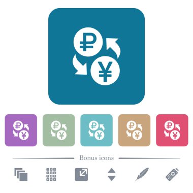 Rublesi Yen para Satım düz simgeler renk üzerinde yuvarlak kare arka planlar